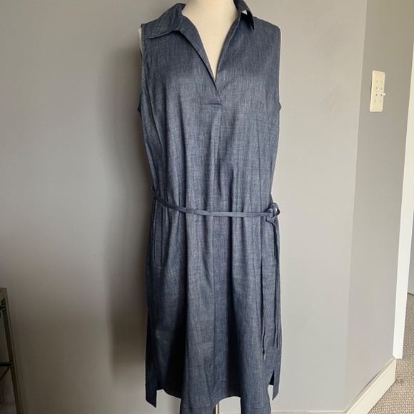 Lafayette 148 New York Blue Denim Pattern Rudy Linen Belted High Low Shift Dress - Picture 2 of 9